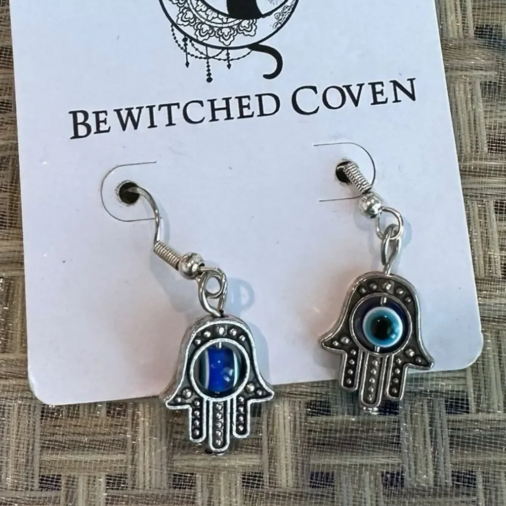 42E Bewitched Coven Silver and Blue Hamsa Earrings‎